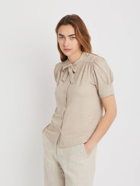 FEMME ウィメンズ リネン リボンタイ 半袖 ブラウス ”Laurene” ベージュ