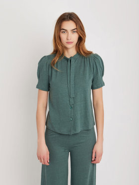FEMME ウィメンズ リネン リボンタイ 半袖 ブラウス ”Laurene” グリーン