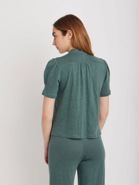 FEMME ウィメンズ リネン リボンタイ 半袖 ブラウス ”Laurene” グリーン