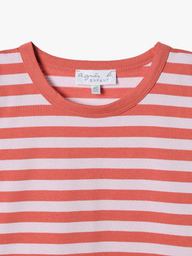 ENFANT ユニセックス キッズ 細ボーダー コットン 半袖 Tシャツ コーラルピンク