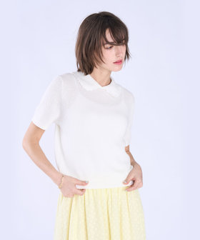 To b. by agnès b. コットン タック ステッチ 半袖 ニット プルオーバー ホワイト