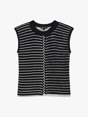 FEMME ウィメンズ ボーダー シルク リネン ノースリーブ ニット プルオーバー ”Charleston” ブラック