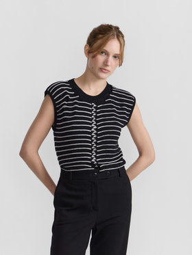 FEMME ウィメンズ ボーダー シルク リネン ノースリーブ ニット プルオーバー ”Charleston” ブラック