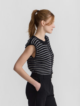 FEMME ウィメンズ ボーダー シルク リネン ノースリーブ ニット プルオーバー ”Charleston” ブラック