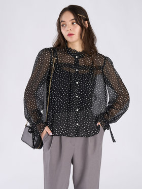 To b. by agnès b. ドットプリント ヨウリュウ 長袖 ギャザー ブラウス ブラック