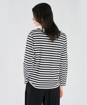 FEMME ウィメンズ 細ボーダー コットン 長袖 Tシャツ "Cool" ホワイト×ブラック