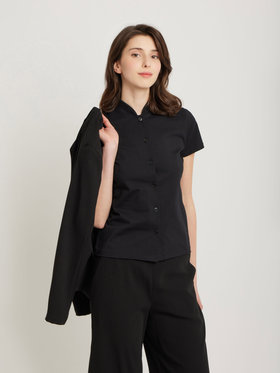 FEMME ウィメンズ コットン ハイネック 半袖 ブラウス "Violaine" ブラック