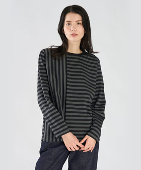 FEMME ウィメンズ 【by R 限定品】agnes b. 細ボーダーxストライプ コットン 長袖 Tシャツ "Haru" グレー系その他