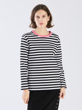 FEMME ウィメンズ 細ボーダー コットン 長袖 Tシャツ "Biotop" ブラック