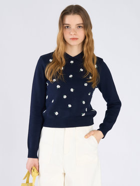 To b. by agnès b. フラワー 刺繍 コットン ニット プルオーバー ネイビー