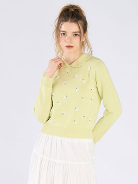 To b. by agnès b. フラワー 刺繍 コットン ニット プルオーバー グリーン