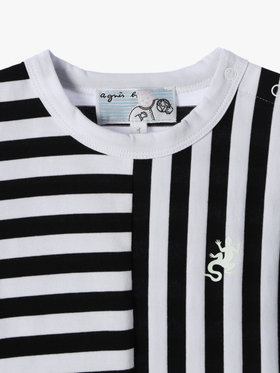 ENFANT ベビー ベビー 細ボーダー コットン 半袖 Tシャツ Lezard ホワイト×ブラック
