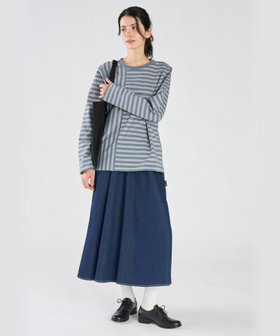 FEMME ウィメンズ 【by R 限定品】agnes b. 細ボーダーxストライプ コットン 長袖 Tシャツ "Haru" ブルーグレー×ライトグレー