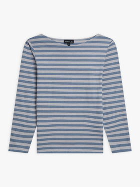 FEMME ウィメンズ 【Outlet】細ボーダー ボートネック 長袖 Tシャツ "New Bow" ブルーグレー×ライトグレー