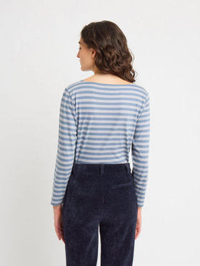 FEMME ウィメンズ 【Outlet】細ボーダー ボートネック 長袖 Tシャツ "New Bow" ブルーグレー×ライトグレー