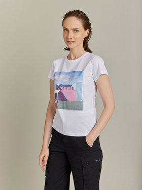 FEMME ウィメンズ プリント コットン 半袖 アーティスト Tシャツ "Francois Prost" ホワイト
