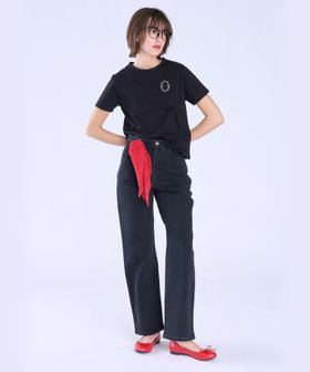 To b. by agnès b. メッセージ 刺繍 コットン 半袖 Tシャツ "Bonheur" ブラック