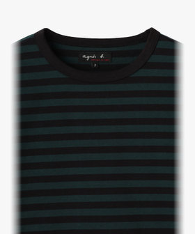 FEMME ウィメンズ 細ボーダー コットン 七分袖 Tシャツ "Lil Cool" ブラック×グリーン
