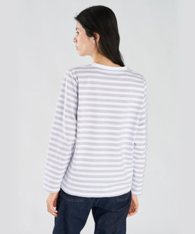 FEMME ウィメンズ 【by R 限定品】agnes b. 細ボーダーxストライプ コットン 長袖 Tシャツ "Haru" サックス×ホワイト