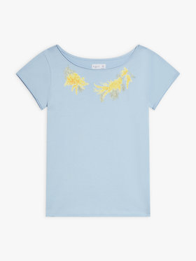 FEMME ウィメンズ コットン プリント 半袖 アーティスト Tシャツ "MA ZA SI" ブルー