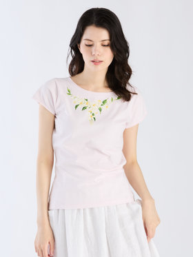 FEMME ウィメンズ コットン プリント 半袖 アーティスト Tシャツ "MAZASI" ピンク系その他