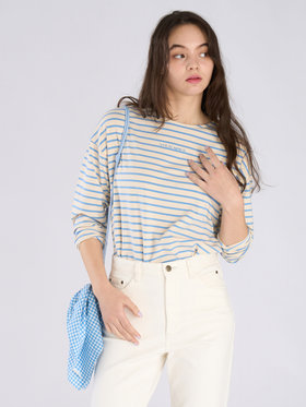 To b. by agnès b. ボーダー ロゴ 刺繍 長袖 Tシャツ ライトブルー