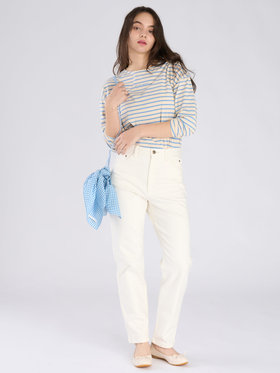 To b. by agnès b. ボーダー ロゴ 刺繍 長袖 Tシャツ ライトブルー