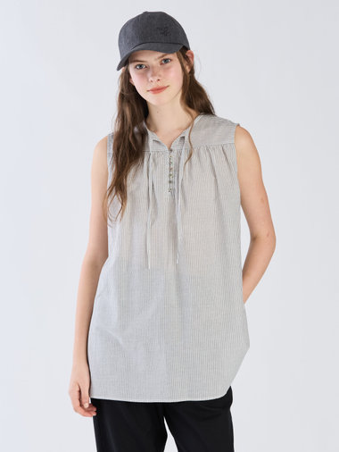 【Outlet】ストライプ コットンボイル ノースリーブ ブラウス