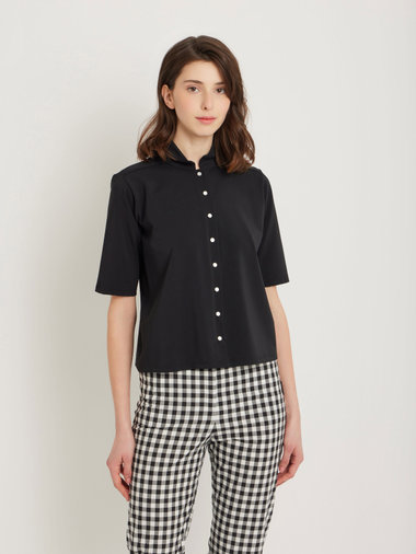 【Outlet】オフィサーカラー 5分袖 ブラウス "Gina"