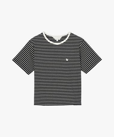 ハート 刺繍 リブ ボーダー 半袖 Tシャツ