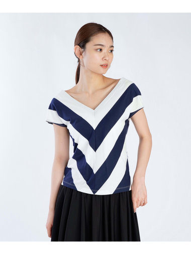 斜線ストライプ コットン Vネック ノースリーブ Tシャツ ”Mellie”