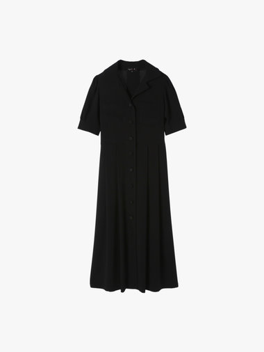 ブラック トリアセテート クレープ オープンカラー 半袖 ワンピース ”Marilor”