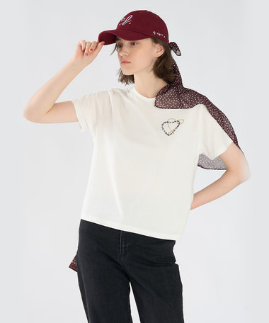 ロゴ刺繍 ハート プリント コットン 半袖 Tシャツ