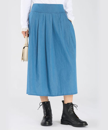 デニム シャンブレー プリーツ ロング フレアスカート "Grand Hotel"