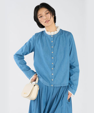 デニム シャンブレー 長袖 カーディガンプレッション