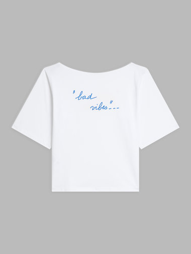 【Outlet】プリント オーガニックコットン ボートネック 5分袖Tシャツ "good vibes/ bad vibes"