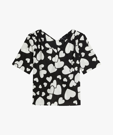 ハート プリント コットン Ｖネック 半袖 トップス