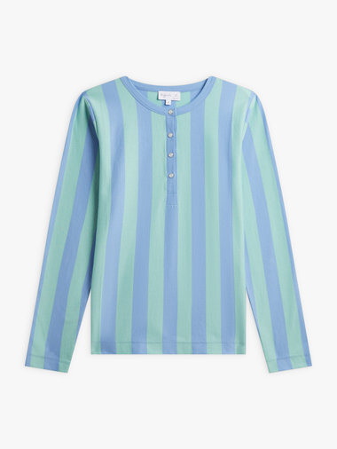 ストライプ コットン ヘンリーネック 長袖Tシャツ