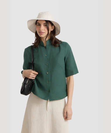 リネン キャンバス スタンドカラー 半袖 シャツ "Ginette"