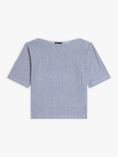 ストライプ リネン ボートネック 5分袖 Tシャツ "Ocean"