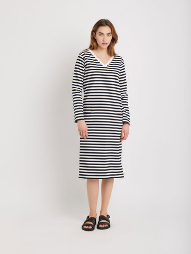 細ボーダー Vネック ワイドスリーブ ワンピース ”Biarritz”