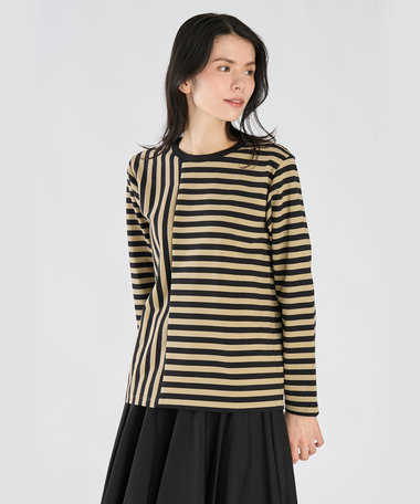 【by R 限定品】agnes b. 細ボーダーxストライプ コットン 長袖 Tシャツ "Haru"