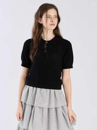【Outlet】コットン オープンワーク ニット ポロシャツ