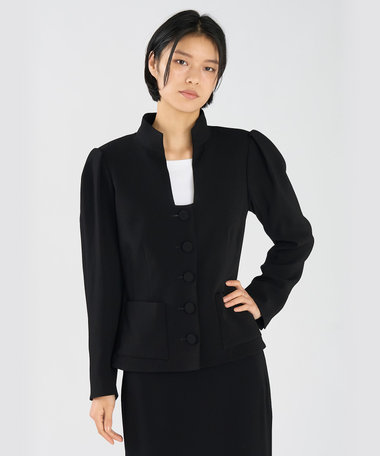 ブラック トリアセテート クレープ 7分袖 スタンドカラー ジャケット