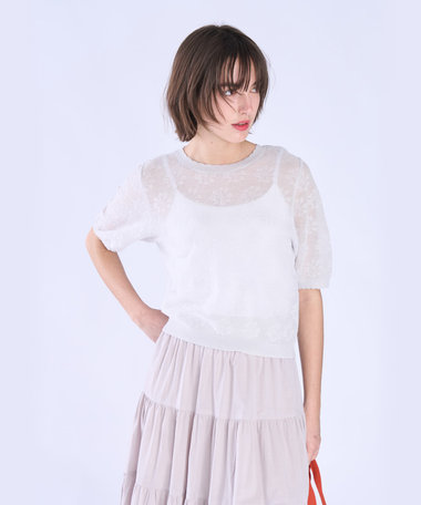 シアー ジャカード 半袖 ニット プルオーバー