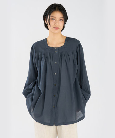 ガーゼ調コットン スクエアネック 長袖 ブラウス "Angus"