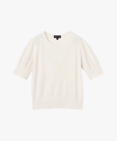 フラワーモチーフ シルク リネン 半袖 ニット プルオーバー "Fleurs"