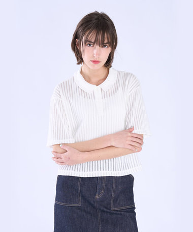 ラッフルメッシュ ストライプ ポロシャツ