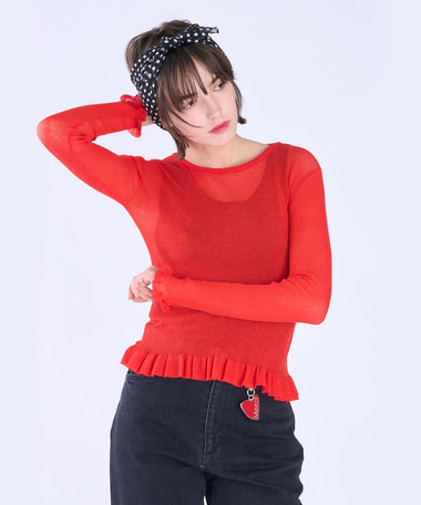 シアー リブ フリル 長袖 ニット プルオーバー