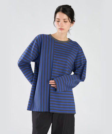 【by R 限定品】agnes b. 細ボーダーxストライプ コットン 長袖 Tシャツ "Haru"